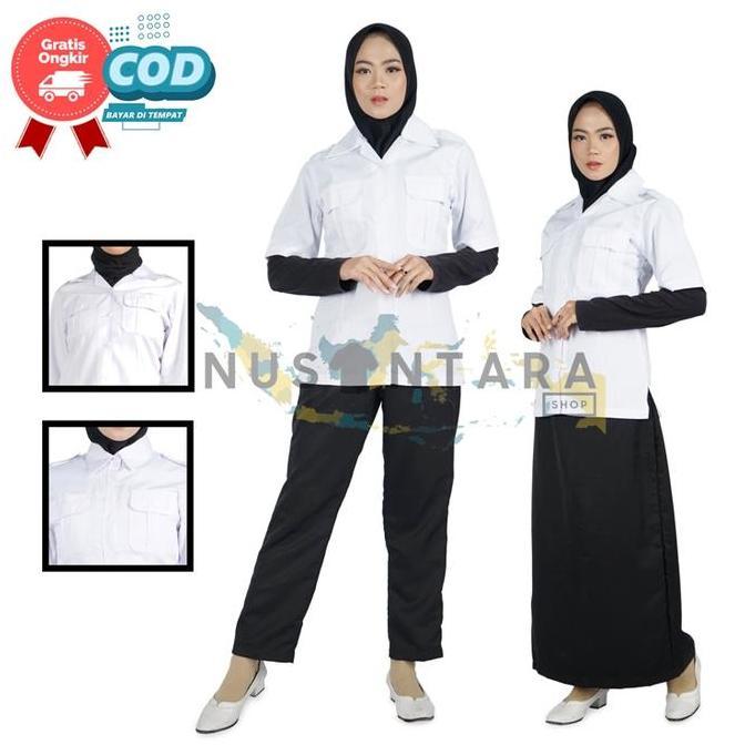 Seragam Pdh Pns Hitam Putih Wanita Setelan Celana Rok Kerah Blazer Panjang Kerja