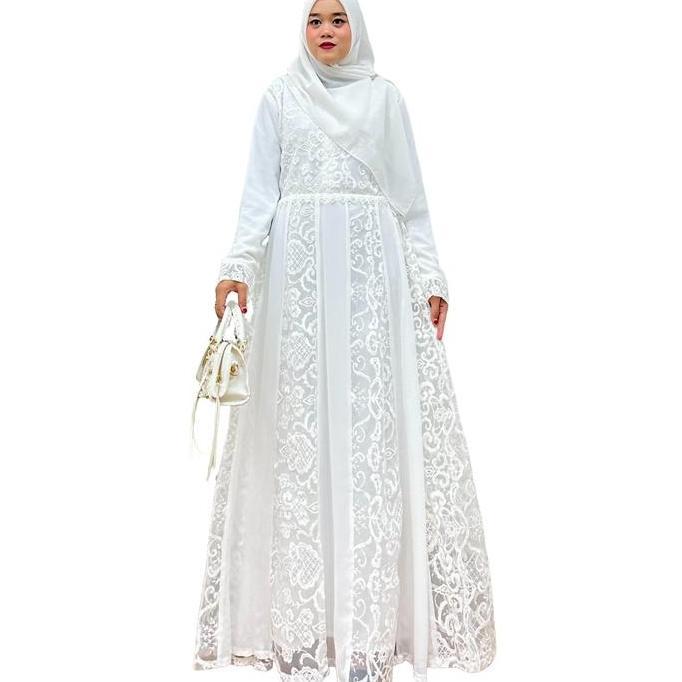 Terbaru Gamis Luthfi Terbaru Elegan Broken White Mewah Polos Bunga Putih Cantik Pesta Muslim Panjang