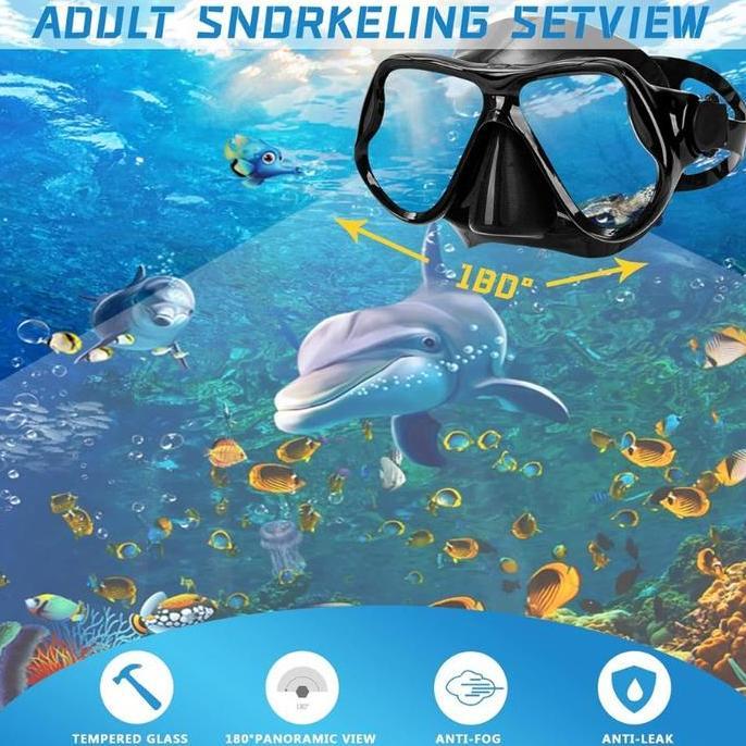 Set Kacamata Renang Snorkel Diving Anti-kabut Kaca Tempered / Masker Selam Anti-kabut Bingkai Besar 
