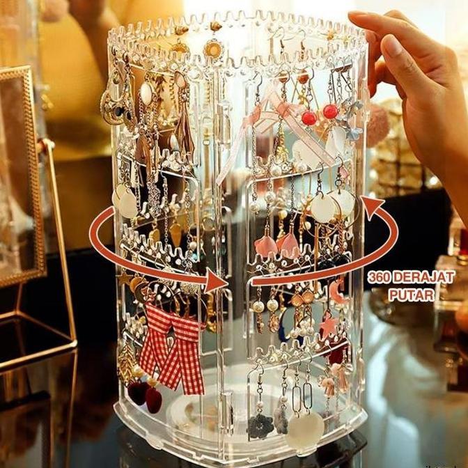 Kotak Penyimpanan Perhiasan Putar Estetik Tempat Anting, Kalung, Gelang, Cincin | Rak Aksesori Wanit