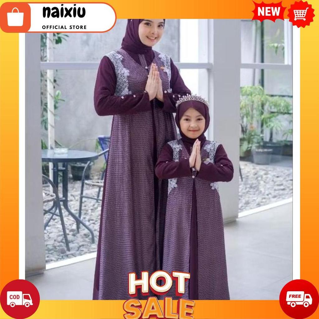 Aisha Couple Kids And Mom/Gamis Couple Ibu Dan Anak Free Pashmina Model 2025/Gamis Motif Ibu Dan Ana
