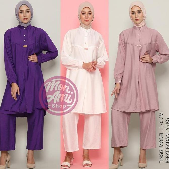 Azalea Setelan Celana Panjang Tunik Atasan Muslim Wanita Bahan Katun Turkish Linen Ld 110 - 120 Ukur