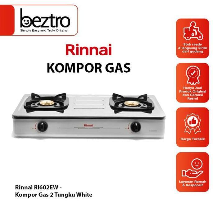 Rinnai Kompor Gas 2 Tungku RI-602EW Stainless - Cooker Hob Dapur Rumah Warna Putih