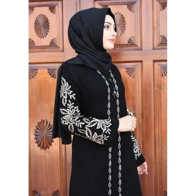 Abaya Gamis Hitam - Salaf Boutique, Busana Muslim Syari Mewah - Lembut - Ziper Daun