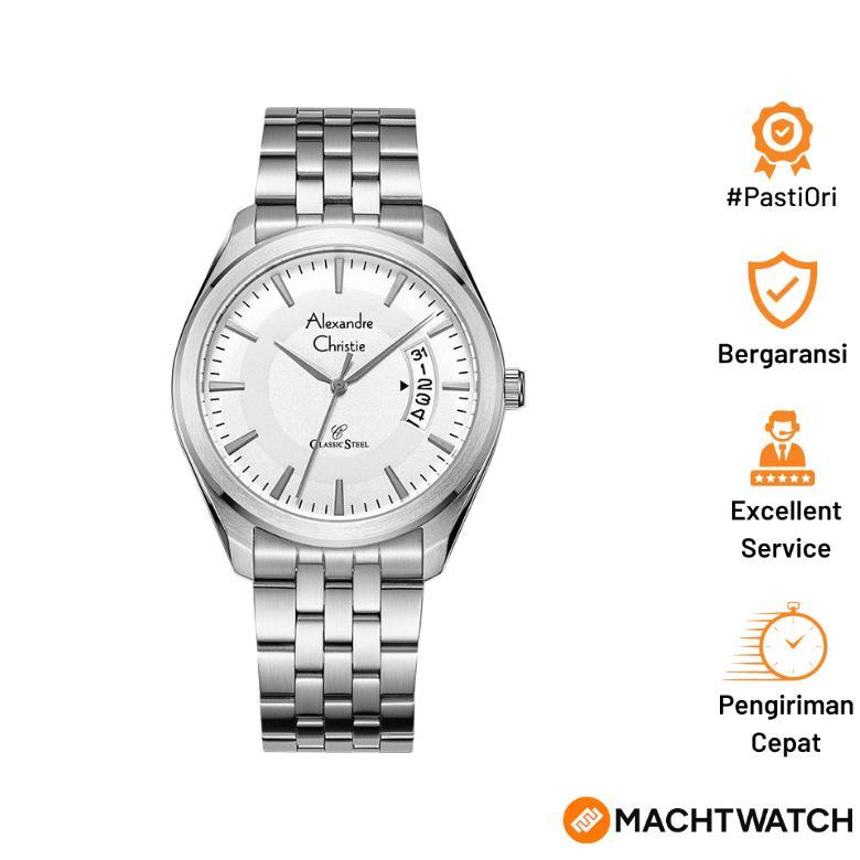 Jam Tangan Pria Alexandre Christie Classic Steel AC 8674 MD BSSSL Men White Dial Stainless Steel Str