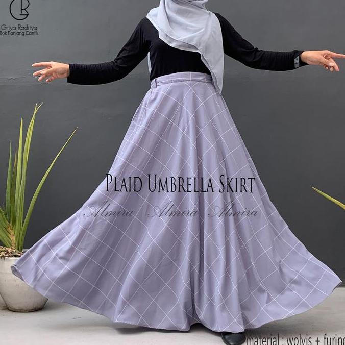 Rok Tartan Motif Kotak Cantik Model Payung Lebar Flowy Bawahan Wanita Muslim Maxi Panjang Plaid Almi
