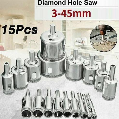 Mata Bor Kaca 15 Pcs 3mm-45mm Bor Lubang Berlian Kaca Marmer Hole Saw