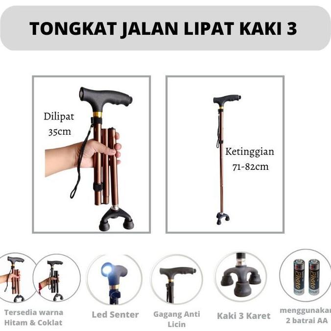 Alat bantu jalan tongkat lipat kaki tiga tongkat kaki 3 [TGT5] untuk manula tongkat senter aluminium