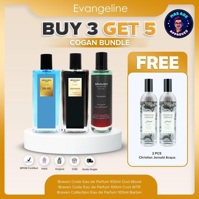 Cogan Buy 3 Get 5Cowok Ganteng Bundle | Braven Eau De Parfum 100Ml - Cool Wtr - Barber - Oud Wood - 