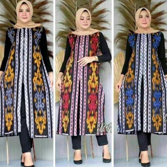 Maxi Kardigan Songket, Tanpa Lengan, Bahan Katun Asli, Tersedia 3 Warna Abu Merah Biru, Alsize Ld 10