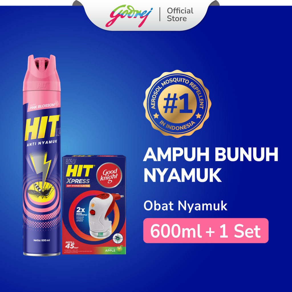 Hit Aerosol Pink Blossom 600ml + Hit Good Knight Xpress Set - Obat Nyamuk Elektrik - Bunuh Nyamuk Pe