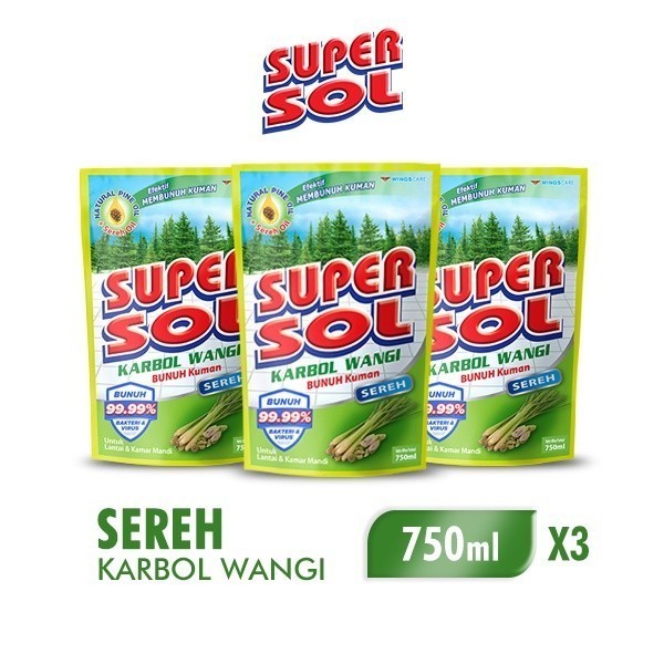 Supersol Pembersih Lantai Karbol Sereh Pouch 750 ml x3