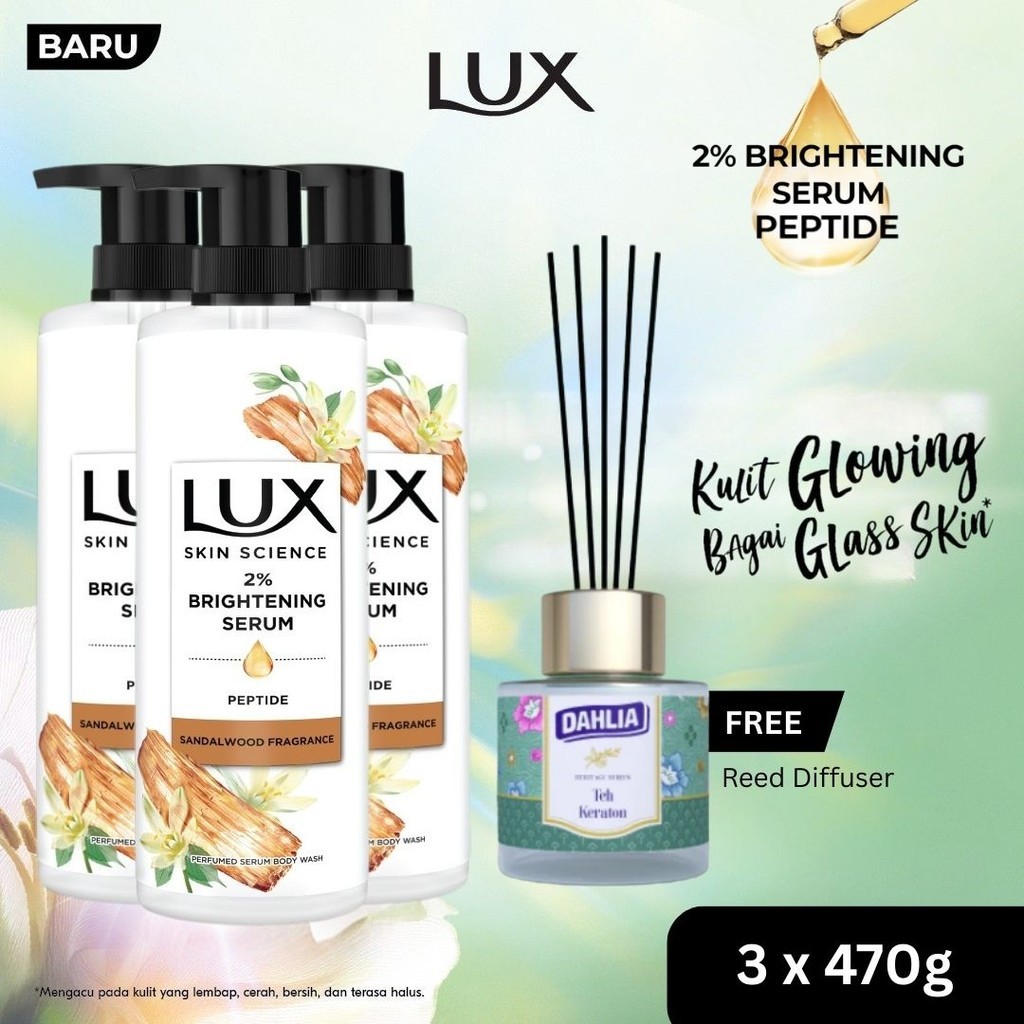 Buy 3 LUX Skin Science Sandalwood Body Wash Pump 470G GET Dahlia Reed Diffuser
