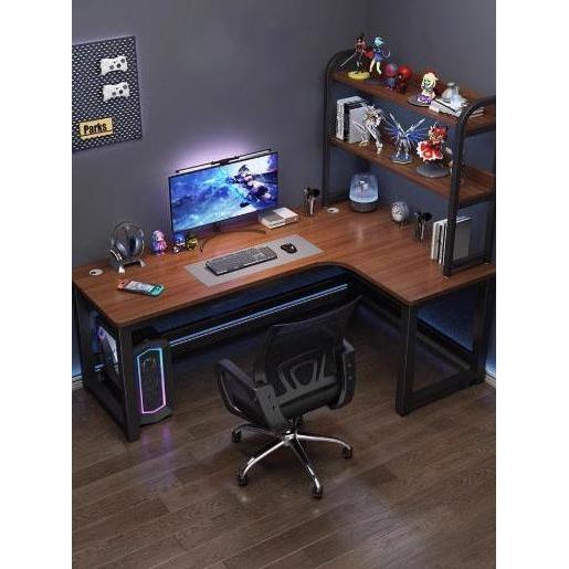 Elite Wood-Meja Komputer Desktop Berbentuk L Sudut Meja Belajar dan Rak Buku Multifungsi untuk Kamar