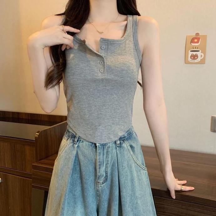 DV154 - MoMoRi Tanktop Wanita Motif Kancing Crop Top Tanktop Fashion Kekinian Korean Tanktop Wanita 