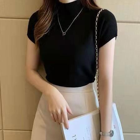 DV258 >> 132 Kaos Atasan Rajut Kerah Tinggi Panjang Knitwear Crop Top Wanita Baju Pendek