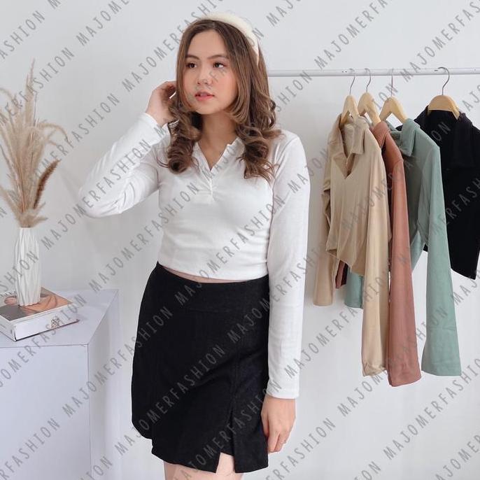 DE18 - | KILO CROP TOP LENGAN PANJANG - CROP TOP V KERAH RIB POLO - KAOS WANITA