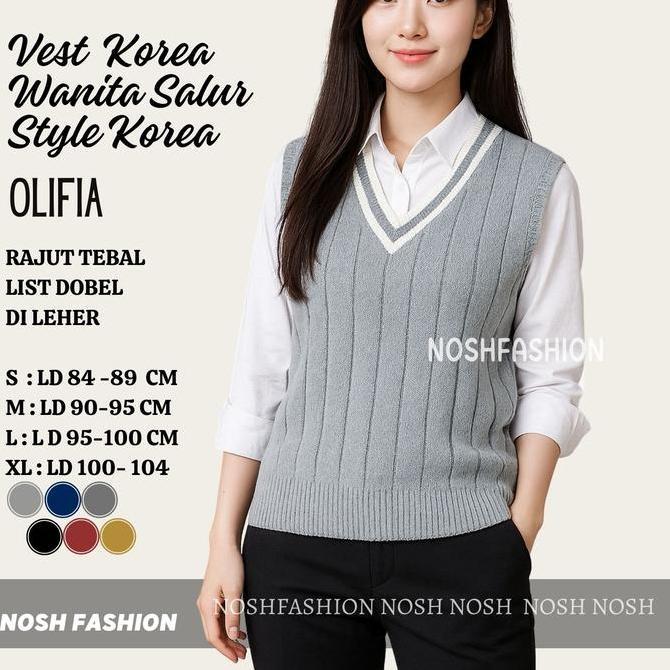 DE174 >> Knit Vest Rompi Rajut Wanita Olivia  /Rompi Rajut Kantor Korea Unisex Salur Vest Rajut List