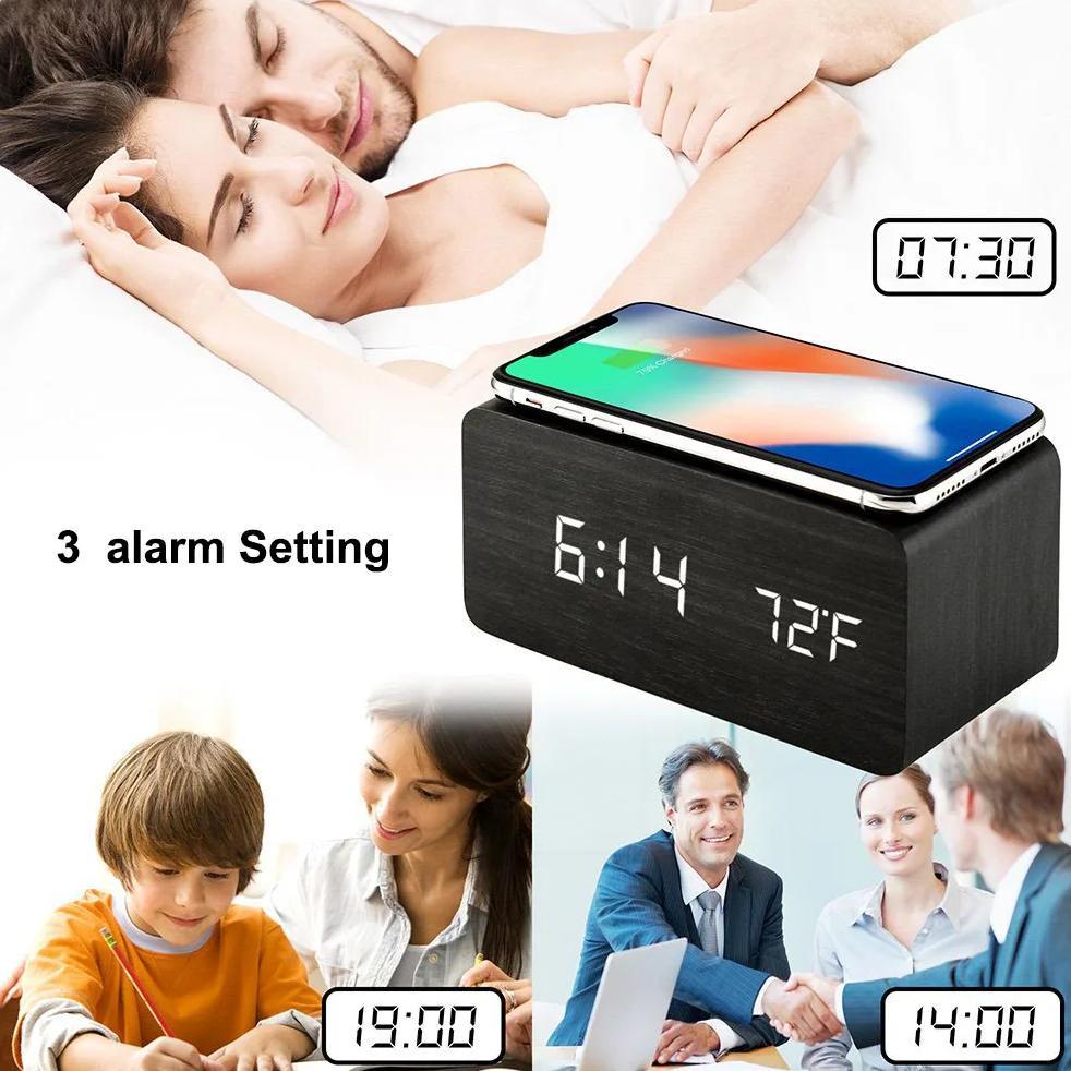 Phone Chargers Wireless Charger Desk Table Clocks Wooden Digital Alarm Clock LED Display Temperature