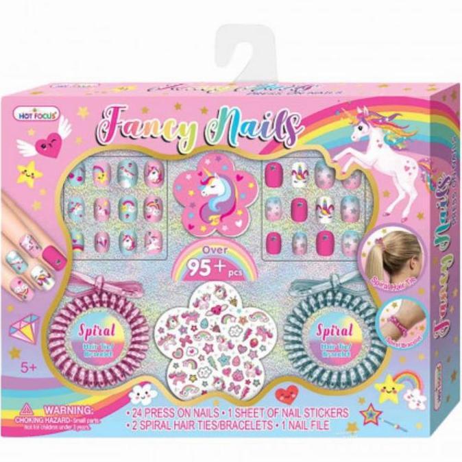 Kuku Palsu Anak Unicorn Fancy Nails Ikat Rambut plus Sticker Kuku