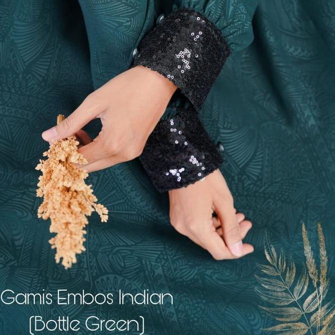 Gamis Embos Hermosa Motif Indian Warna Hijau Botol Terlaris