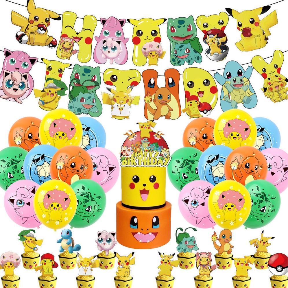 PAKET BALON SET DEKORASI PESTA ULANG TAHUN MOTIF POKEMON BANNER BALON TOPPER KUE CUP CAKE