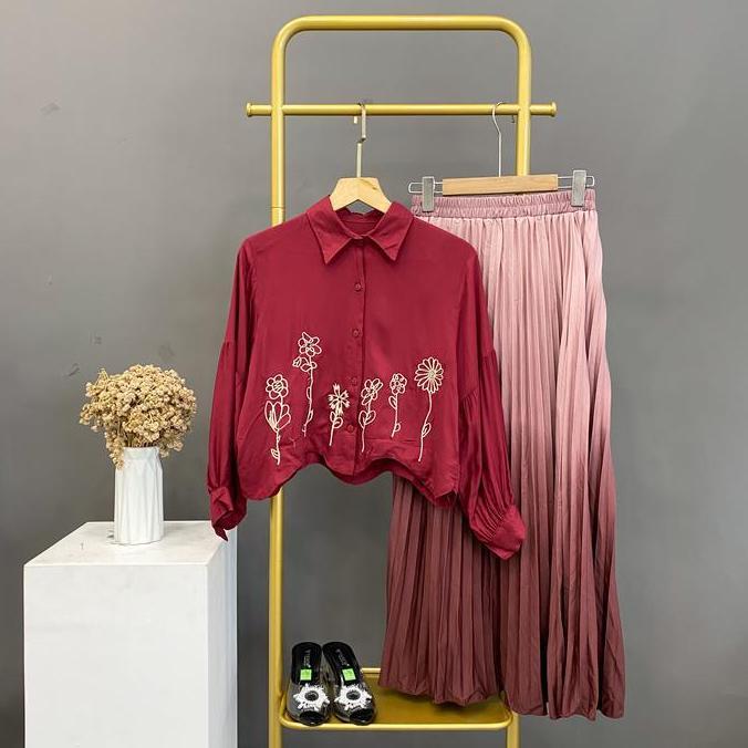 Ayucitra setelan natasya fashion muslim oneset wanita kekinian atasan crop rok plisket hyget panjang