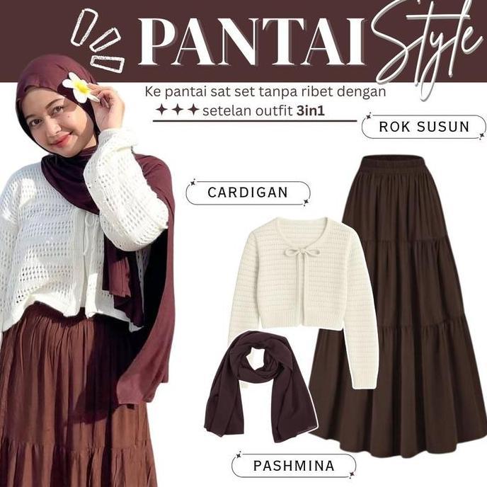 Outfit Pantai Wanita One Set Hijab Pashmina Ceruty & Cardigan Outer Jaring & Rok Susun Coklat 24A