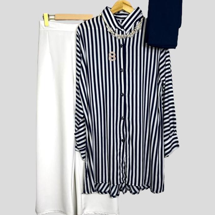 Stripe One Set celana setelan wanita - tunik stripe - kulot putih