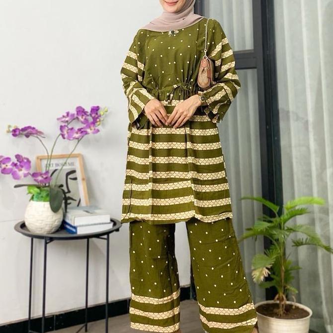 One set tunik polka jumbo rayon super Muslim Nyaman Tebal Baju Setelan Atasan Celana Motif