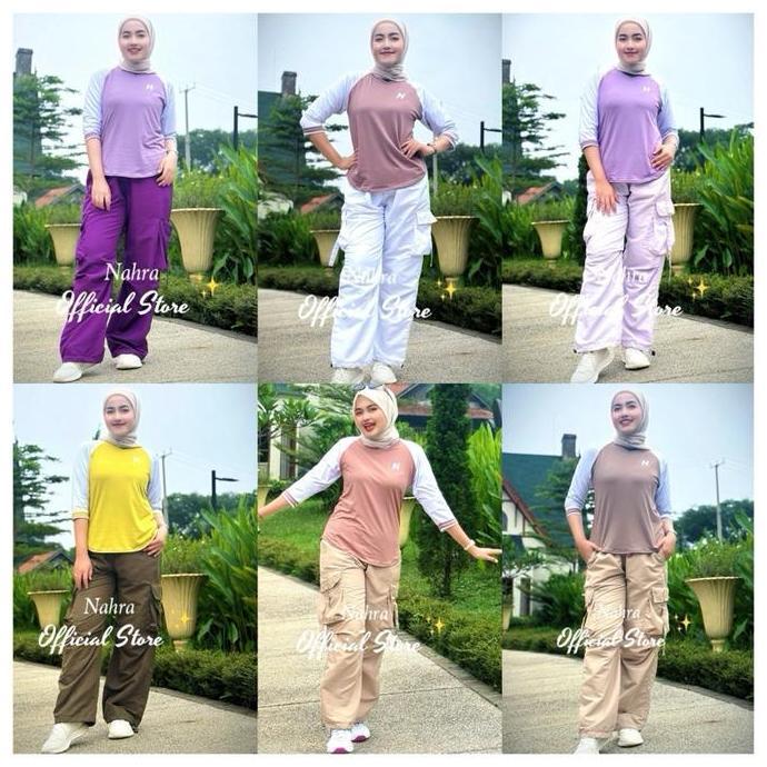 PROMO - Nahra Setelan Atasan Reglan N Bahan Spandek & Cargo Harajuku Bahan Parasut Untuk Baju Senam 