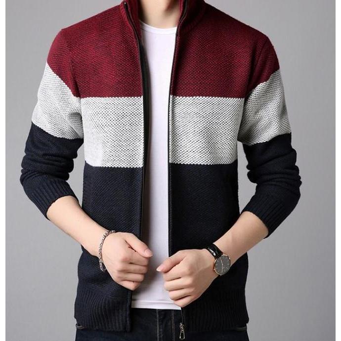 Sweater Rajut Resleting Fermium Pria Katun Knitwear Baju Panjang Cowok Hitam Motif