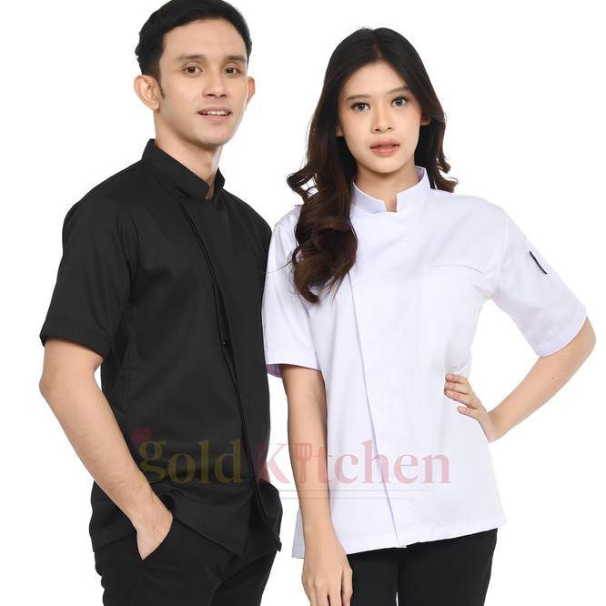 Baju Chef Baju Koki Chef Jacket Pria Wanita Lengan Pendek Model Korean Series B Warna Hitam Putih Sa
