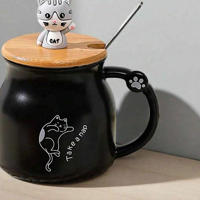 Mug Keramik Kucing Dengan Tutup Kayu Cangkir Keramik Cute Kucing