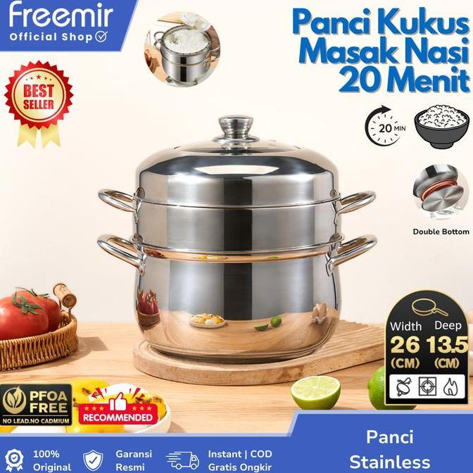 [Sale] freemir Panci Kukus Stainless 2 Susun Masak Nasi 25 Menit Serbaguna Double Bottom Lebih Tebal