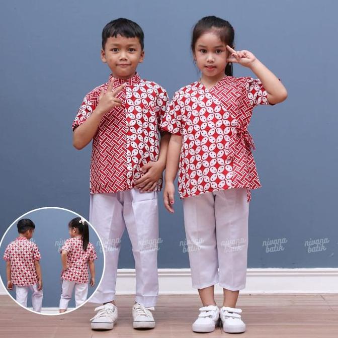 Atasan Batik Anak Kemeja Koko Kemko Blus Anak Perempuan Kombinasi Merah Putih Bisa Couple