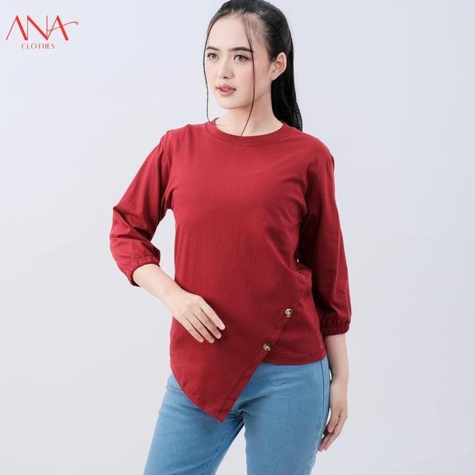 Anaclothes Baju Wanita Lengan Panjang Model Kancing Samping Bahan Cotton Combed Kaos Cewek Polos