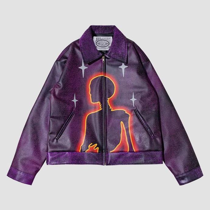 Grosir Evilspirit Leather Jacket -  Evelyn Purple Unisex Jaket Printing Pria Panjang Nyaman High Zip