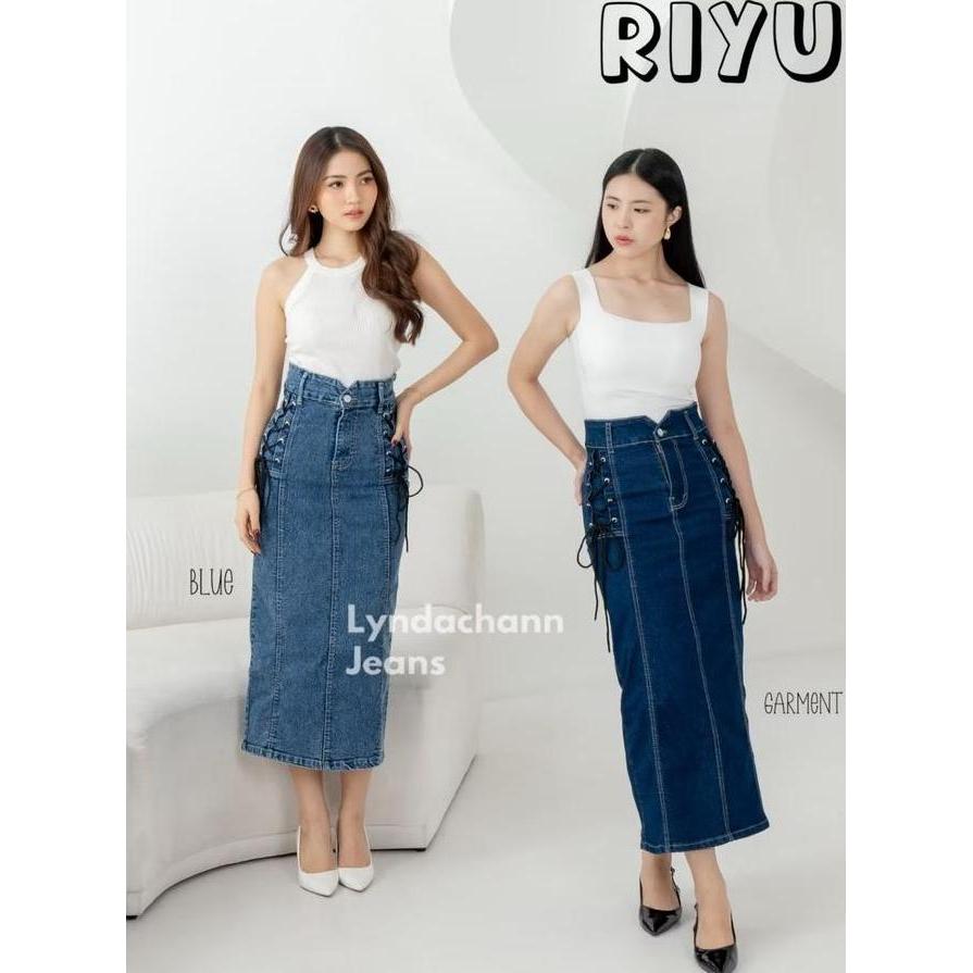Lyndachann - Riyu Rok Jeans Tali Panjang Bawahan Wanita Premium Denim Cewek