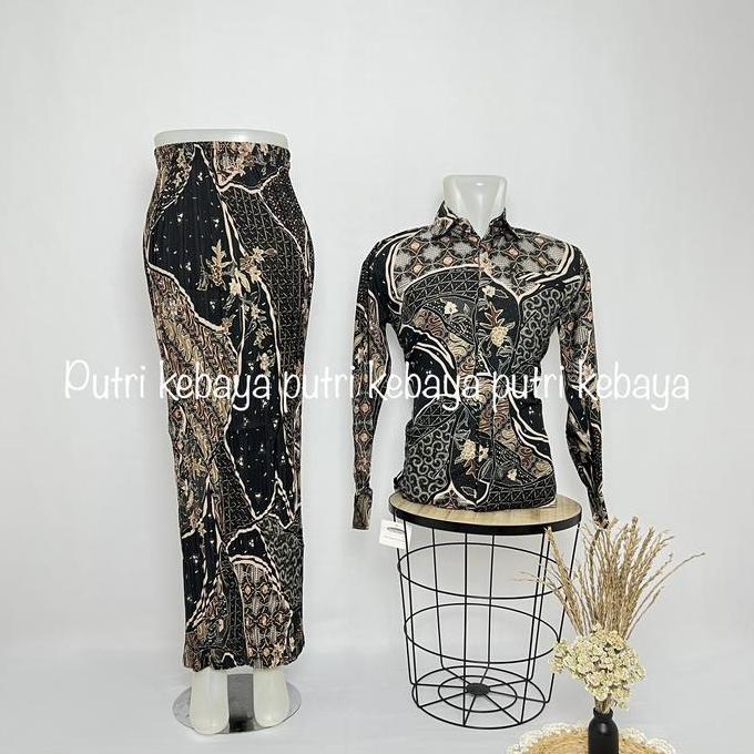 DF402 - SET COUPLE KEMEJA DAN ROK PLISKET BATIK COUPLE KONDANGAN BATIK LENGAN PANJANG BATIK HALUS BY