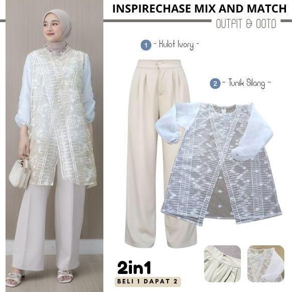 2In1 (Celana Kulot + Outer Brokat) Setelan Wanita Keyra Organza Payet Tunik Brokat Baju Raya, Kondan