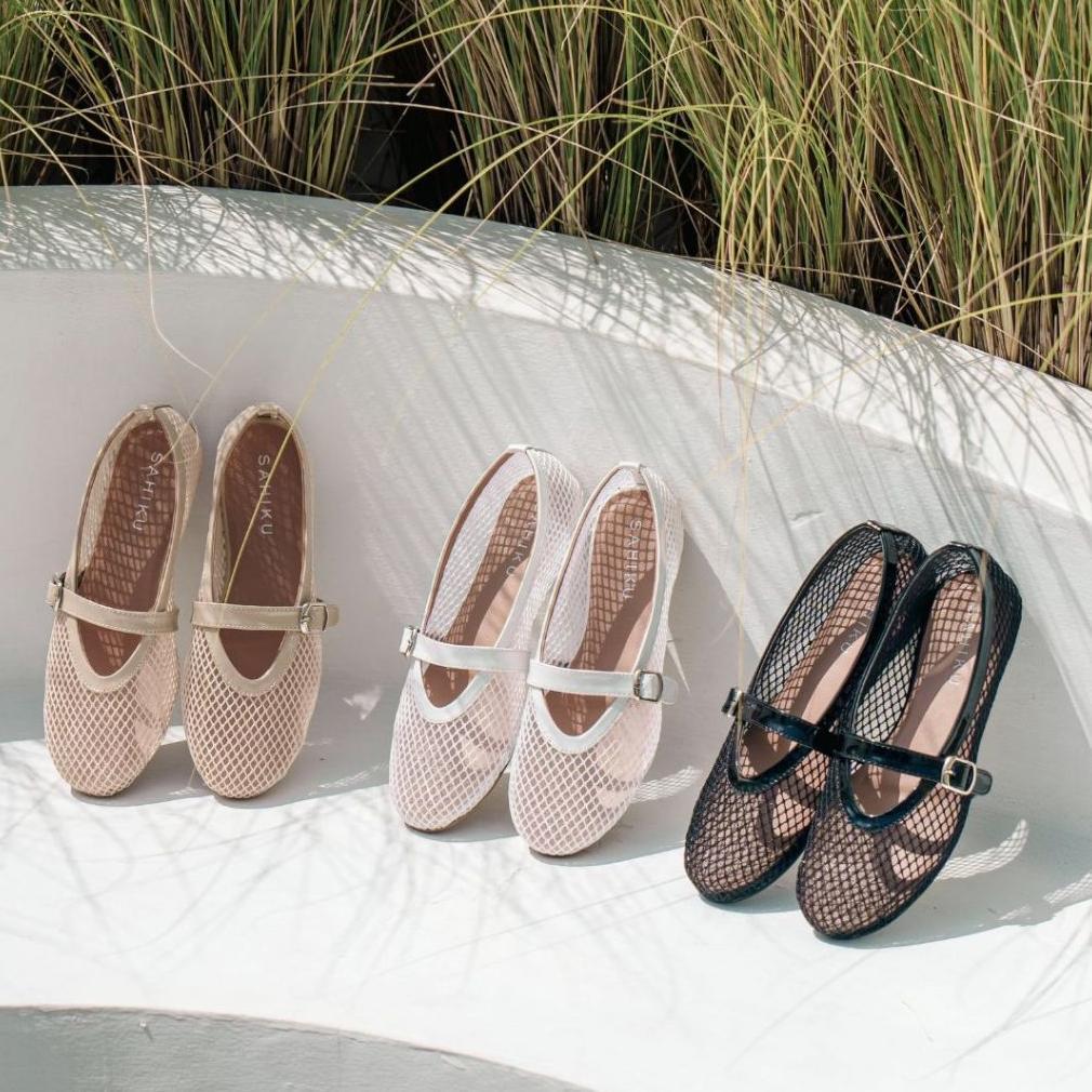 SAHIKU-Brielle Mesh FlatShoes | Sepatu Balet Fishnet Mary Jane Flat Shoes Jaring Korean Style Wanita