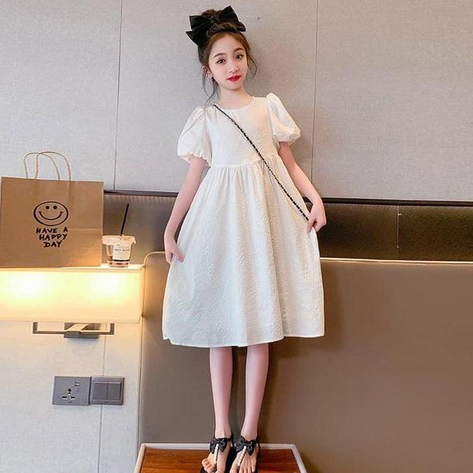 New- Dress Gaun Putih Polos Anak Remaja Perempuan Impor 4-15tahun