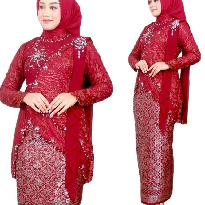 Setelan Kebaya Modern Wanita Mewah Dengan Payet Dan Selendang - Atasan,Wisuda, Remaja, Baju, Dress, 
