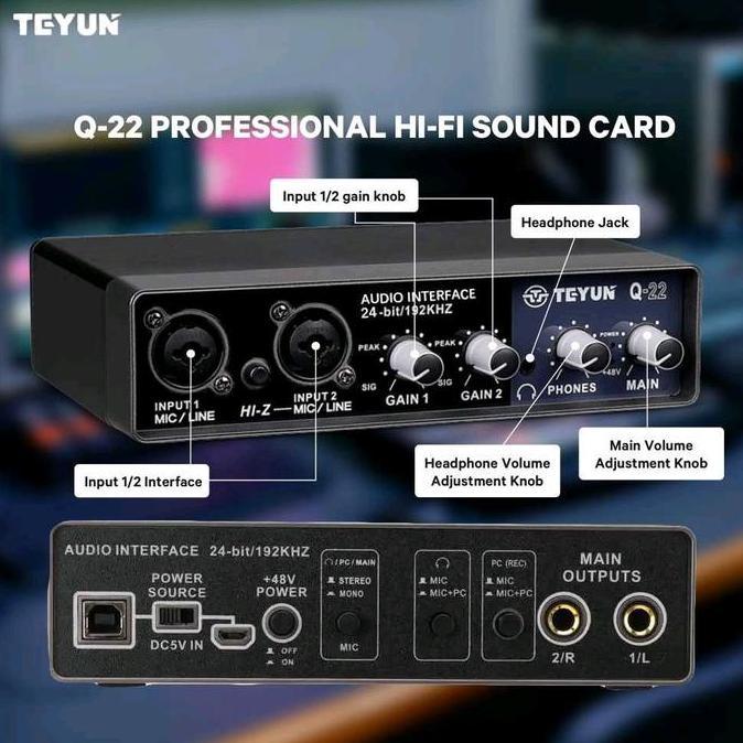 TEYUN Microphone Hi-Fi Sound Card Audio Interface 24bit 192KHz USB Live Broadcast Q-22 [terbaik]
