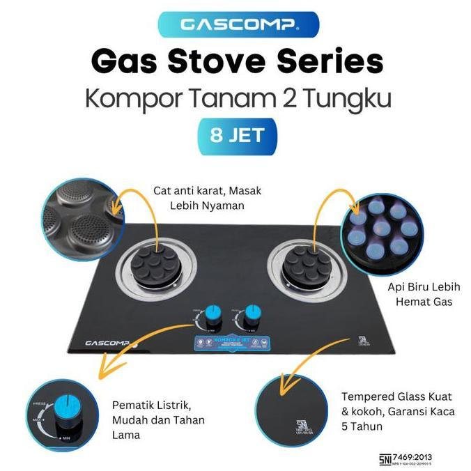 GASCOMP Kompor Tanam Kaca 8 JET Kompor Gas 2 Tungku 8 JET Spesial Kompor Tanam Burner Lebih Hemat Ga