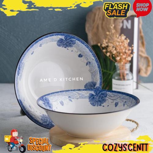 Super Mangkok Bijian Keramik Bulat Besar 9"/ Mangkok Sayur Motif Bunga Biru