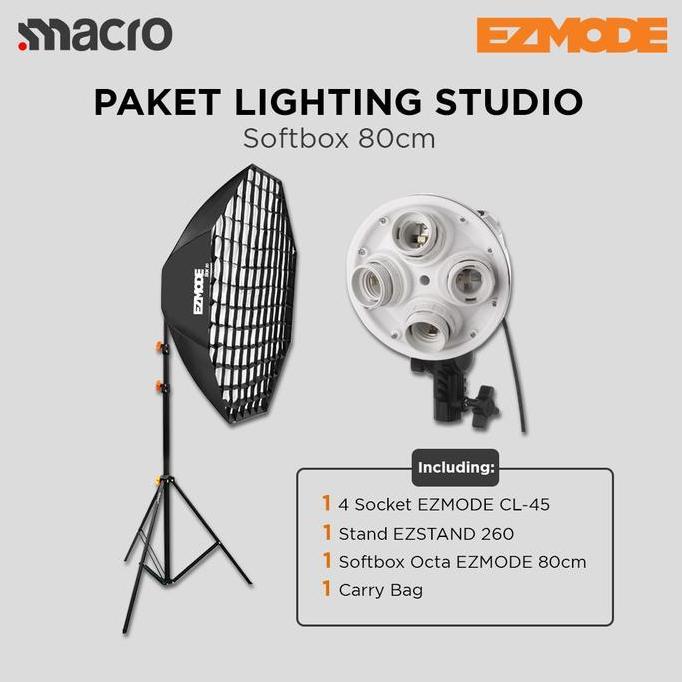 EZMODE Studio Lighting Stand + 4 Socket Octagon Softbox 80cm with Grid