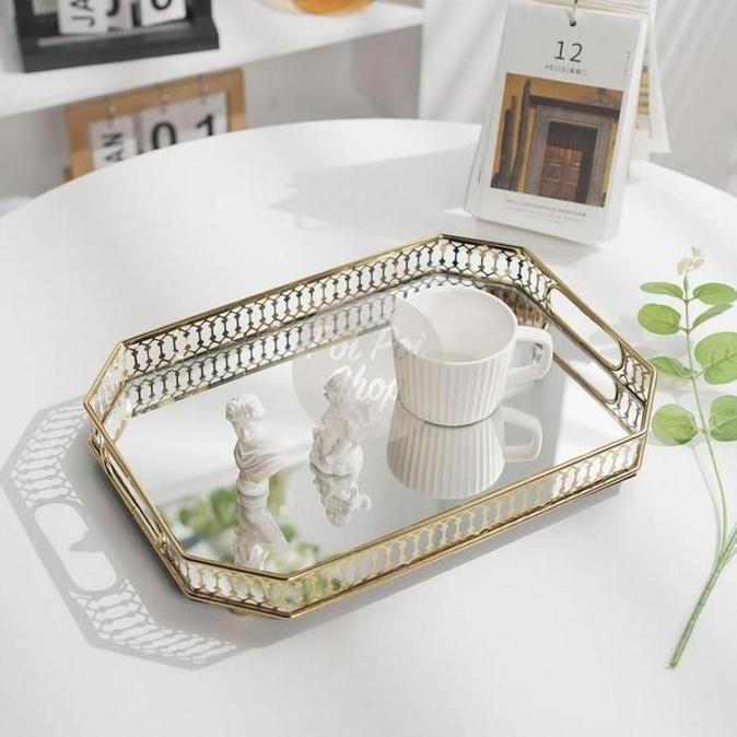 $$$$] Nampan Kaca Besi Tatakan Penyimpanan Cangkir Vas Ornamen Dekorasi Rumah Pajangan Lebaran Canti