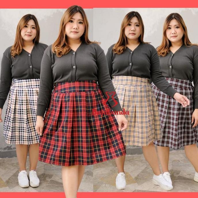 Rok Midi Jumbo Kotak Kotak / Rok Big Size / Plus Size Skirt / Midi Skirt Karet Katun Wanita Mini